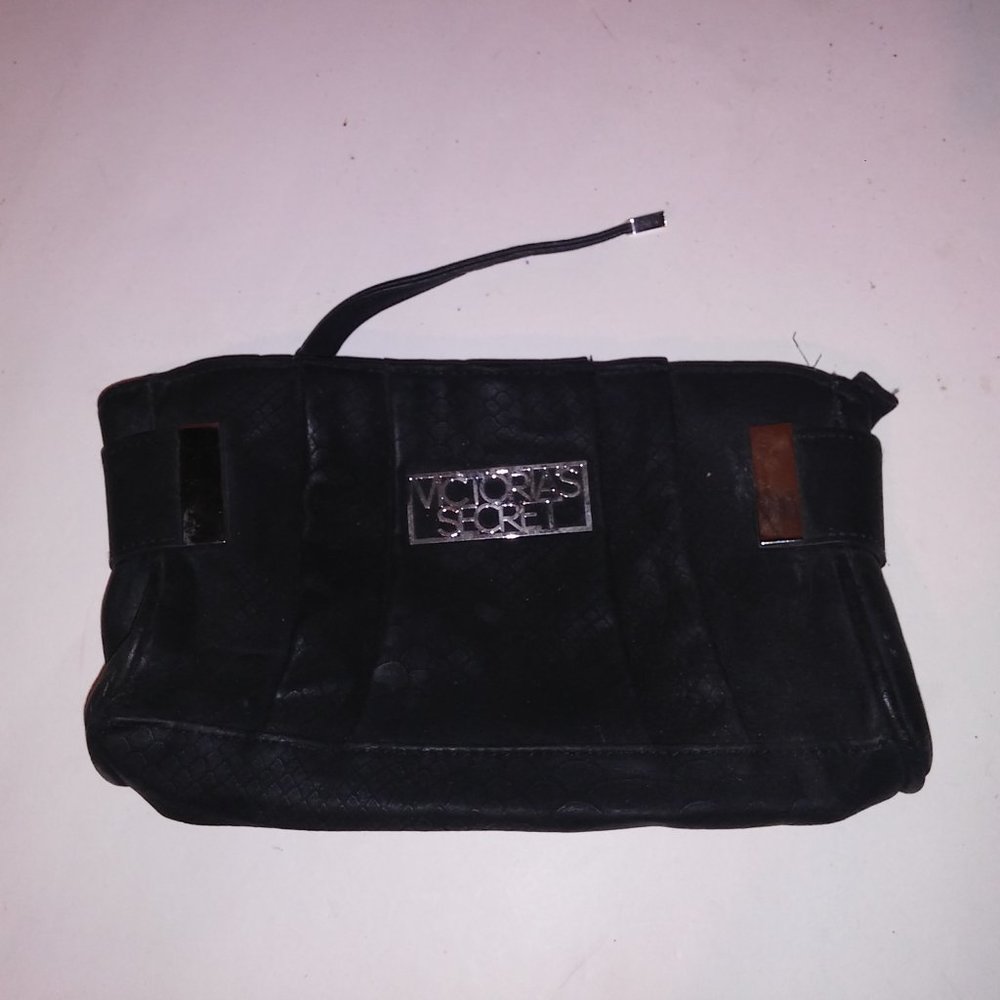 Victoria Secret Wristlet Purse Bag Black Logo Snakeskin Print Silver Hardware 9 - Picture 2 of 10